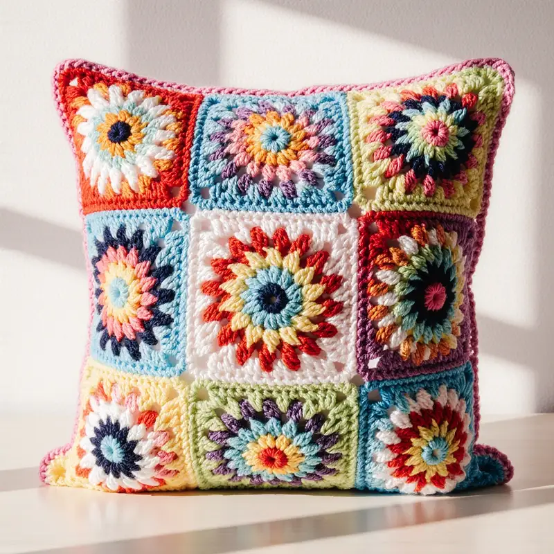 Complimentary Intermediate crochet pattern: Colorful Granny Square Cushion Pattern - Simple to follow guide