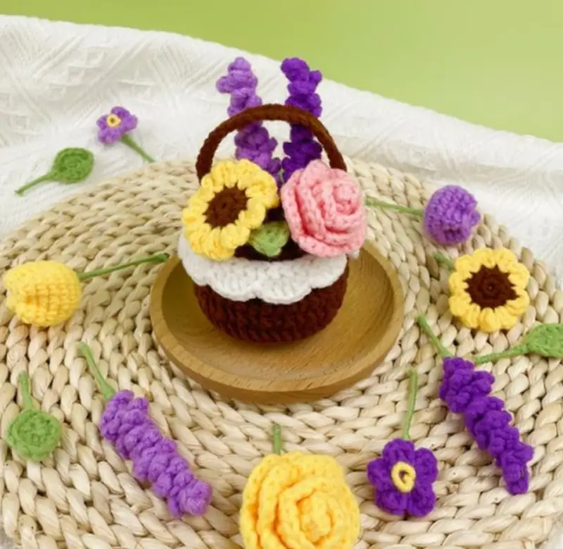 Complimentary Intermediate crochet pattern: Mini Flower Basket & Flowers Crochet Pattern - Simple to follow guide