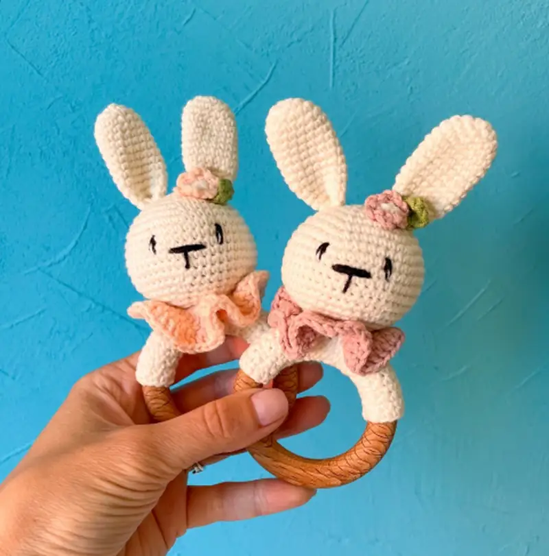Complimentary Intermediate crochet pattern: Bunny Baby Rattle with Teether Ring Amigurumi Pattern - Simple to follow guide