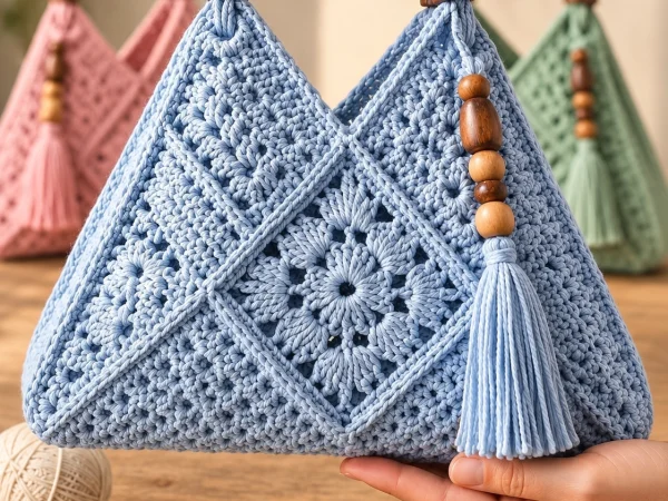 Blue Granny Square Crochet Flower Bag Pattern