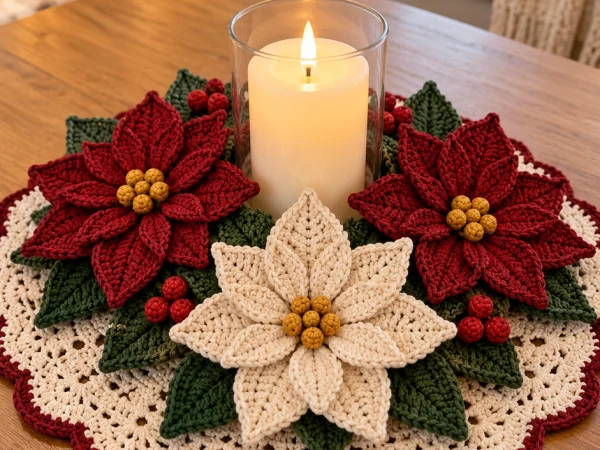 Christmas Poinsettia Crochet Candle Centerpiece