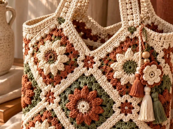 Boho Floral Granny Square Crochet Tote Bag