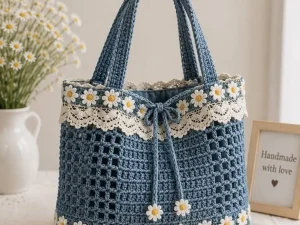 Blue Daisy Crochet Tote Bag