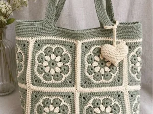 Sage Green & Cream Crochet Granny Square Tote Bag