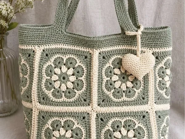 Sage Green & Cream Crochet Granny Square Tote Bag