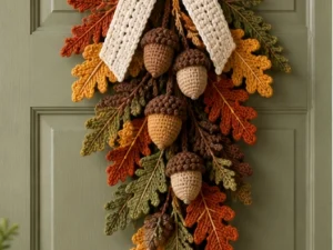 Autumn Crochet Door Hanging with Oak Leaves, Acorns & Cream Bow