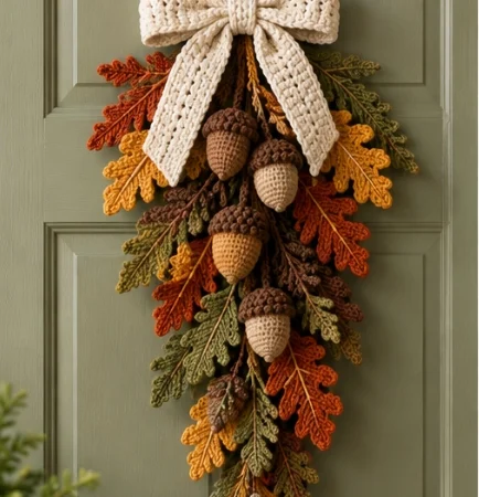 Autumn Crochet Door Hanging with Oak Leaves, Acorns & Cream Bow