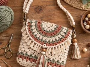 Boho Crochet Crossbody Bag with Fringe and Tassels