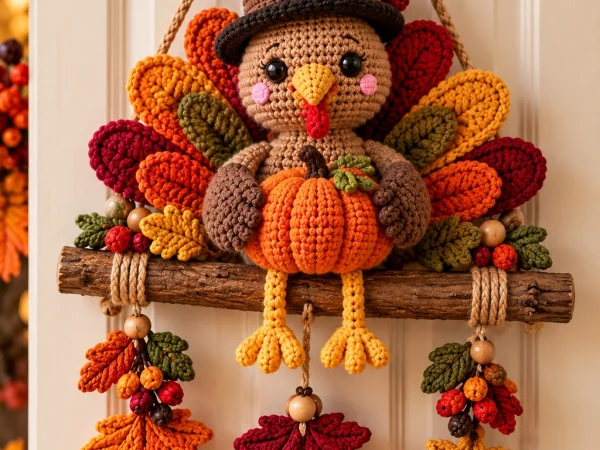 Crochet Thanksgiving Turkey Door Hanger with Pumpkin and Fall Leaves 
