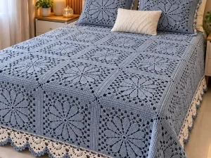Blue Crochet Floral Bedspread with Matching Pillow Covers