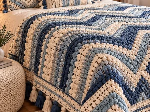 Blue and Cream Crochet Bedspread with Tassels and Matching Pillows 