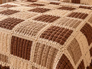 Brown and Cream Crochet Patchwork Bedspread with Matching Pillows 