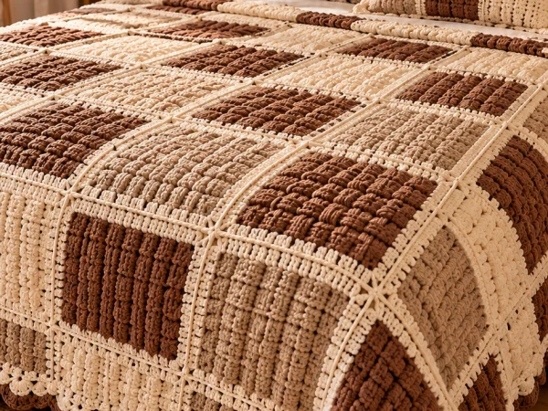 Brown and Cream Crochet Patchwork Bedspread with Matching Pillows 