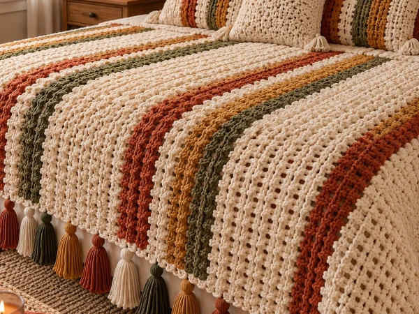 Autumn Striped Crochet Bedspread 