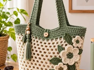 Sage Green and Cream Crochet Flower Tote Bag