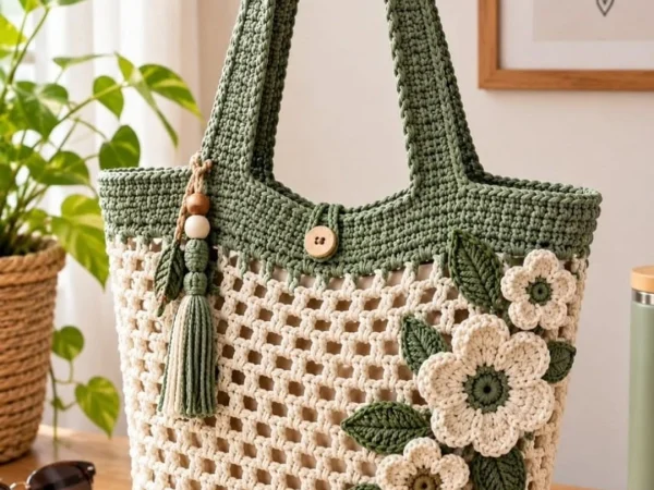 Sage Green and Cream Crochet Flower Tote Bag