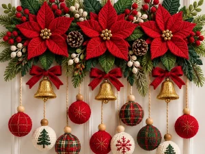 Crochet Christmas Poinsettia Door Hanging with Bells and Ornaments