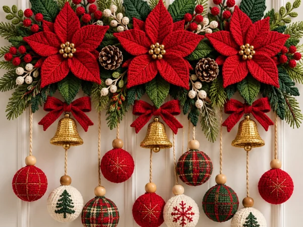 Crochet Christmas Poinsettia Door Hanging with Bells and Ornaments