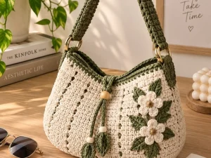Olive Green and Cream Crochet Hobo Bag with Flowers