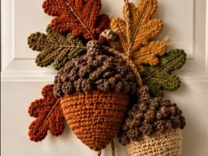 Autumn Crochet Acorn Door Hanging with Oak Leaves