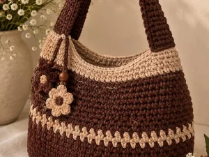 Chocolate Brown and Cream Crochet Hobo Bag