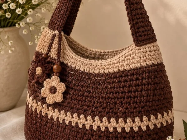 Chocolate Brown and Cream Crochet Hobo Bag