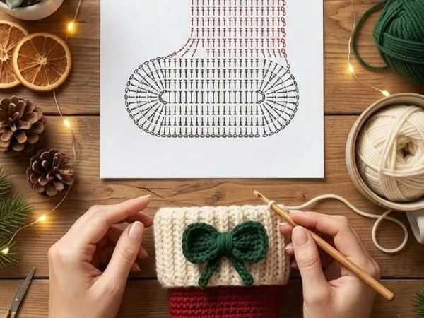 Christmas Crochet Stocking with Green Bow