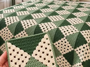 Sage Green and Cream Crochet Granny Square Bedspread 