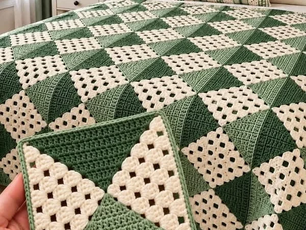 Sage Green and Cream Crochet Granny Square Bedspread 