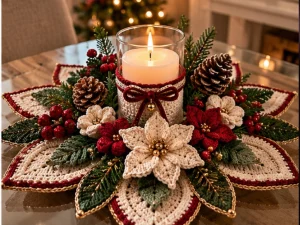 Christmas Crochet Poinsettia Candle Centerpiece