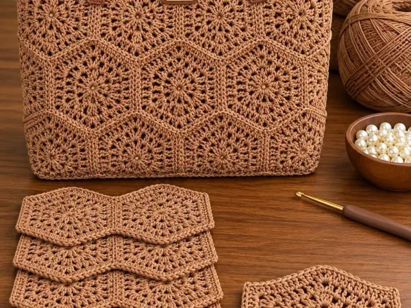Elegant Camel Brown Floral Crochet Tote Bag 