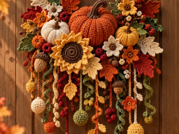 Autumn Crochet Door Hanging with Pumpkins, Sunflowers & Fall Leaves