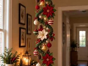 Christmas Crochet Spiral Hanging Garland with Poinsettias, Bells & Ornaments – Free Crochet Pattern