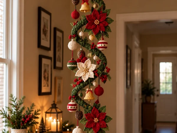 Christmas Crochet Spiral Hanging Garland with Poinsettias, Bells & Ornaments – Free Crochet Pattern