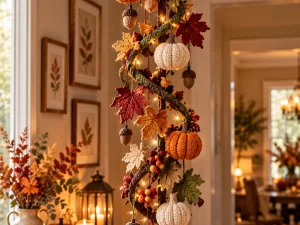 Autumn Crochet Hanging Spiral Garland with Pumpkins, Maple Leaves & Acorns