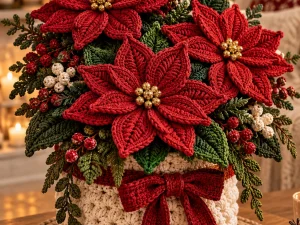 Crochet Christmas Poinsettia Centerpiece