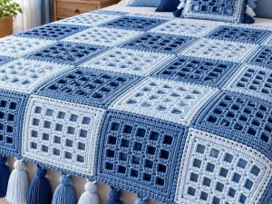 Blue and White Crochet Bedspread with Tassels
