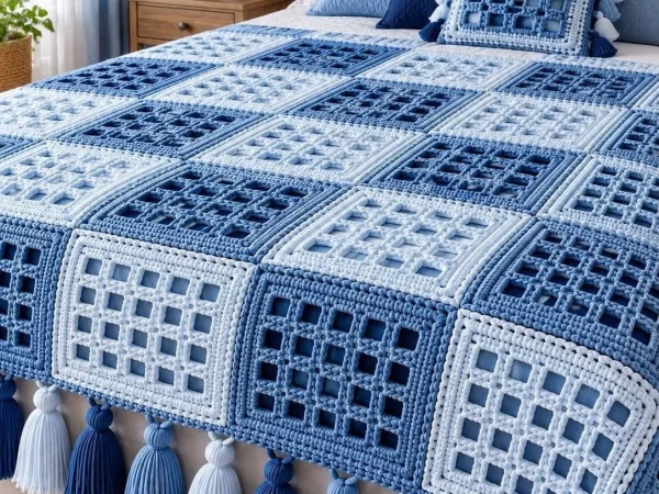 Blue and White Crochet Bedspread with Tassels