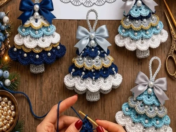 Blue and White Crochet Christmas Tree Ornaments