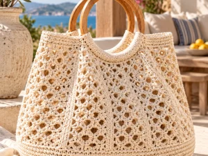Cream Crochet Summer Tote Bag with Wooden Handles